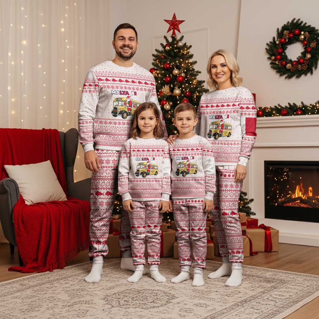 Malta Christmas Pajama Set with Santa Driving Vintage Bus Malta Flag and Red White Festive Pattern Design - Wonder Print Shop