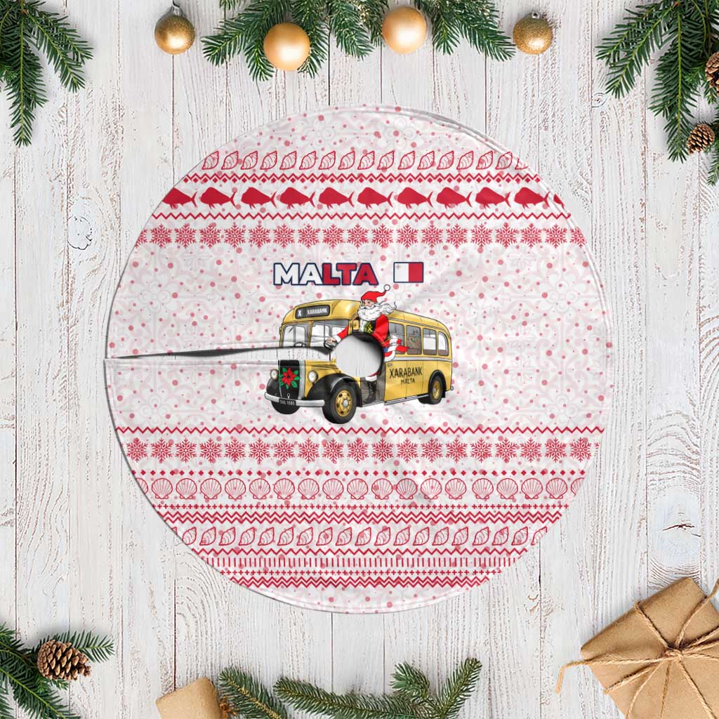 Malta Christmas Tree Skirt with Santa Driving Vintage Bus Malta Flag and Red White Festive Pattern Design - Wonder Print Shop