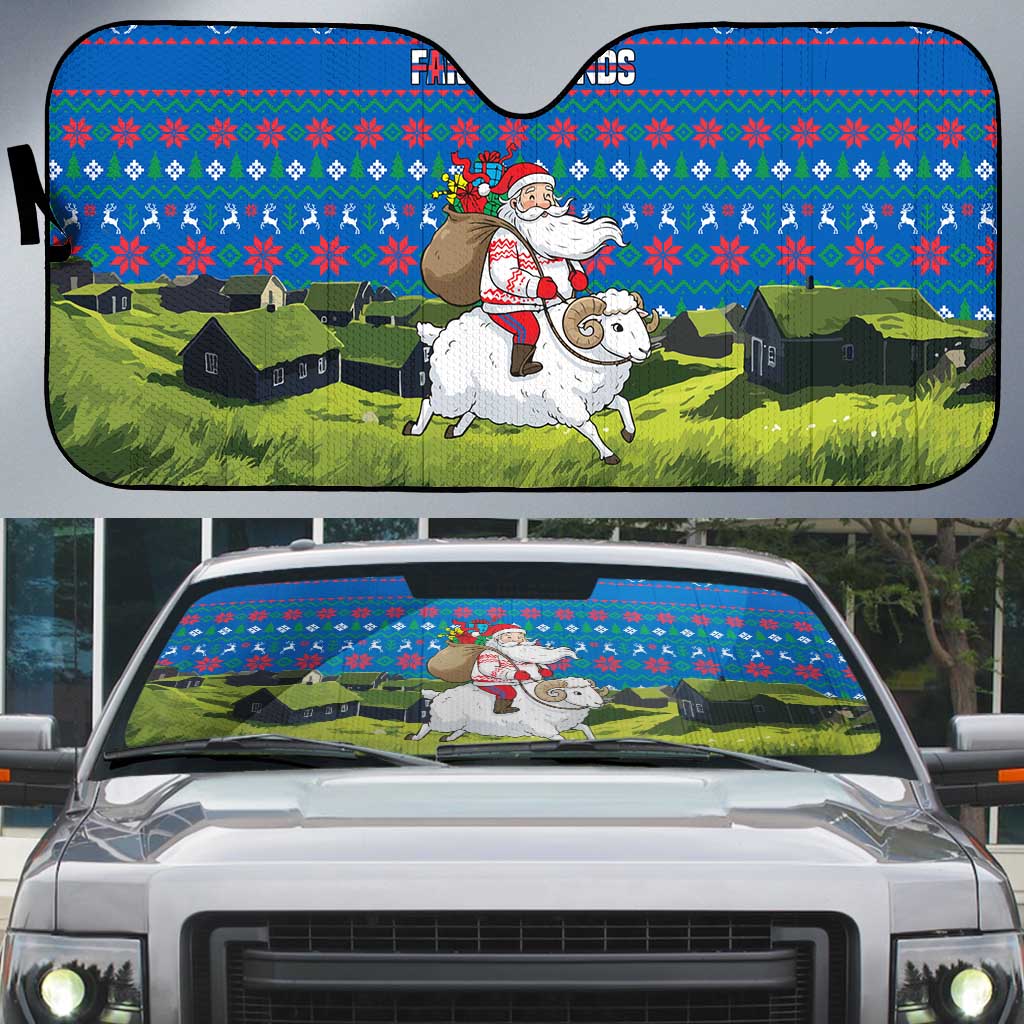 Faroe Islands Christmas Auto Sun Shade with Santa Riding Sheep Grass Roof Houses and Blue Nordic Pattern Design - Wonder Print Shop