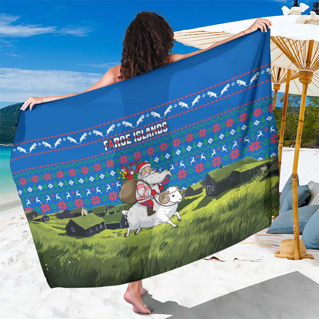 Faroe Islands Christmas Sarong with Santa Riding Sheep Grass Roof Houses and Blue Nordic Pattern Design - Wonder Print Shop