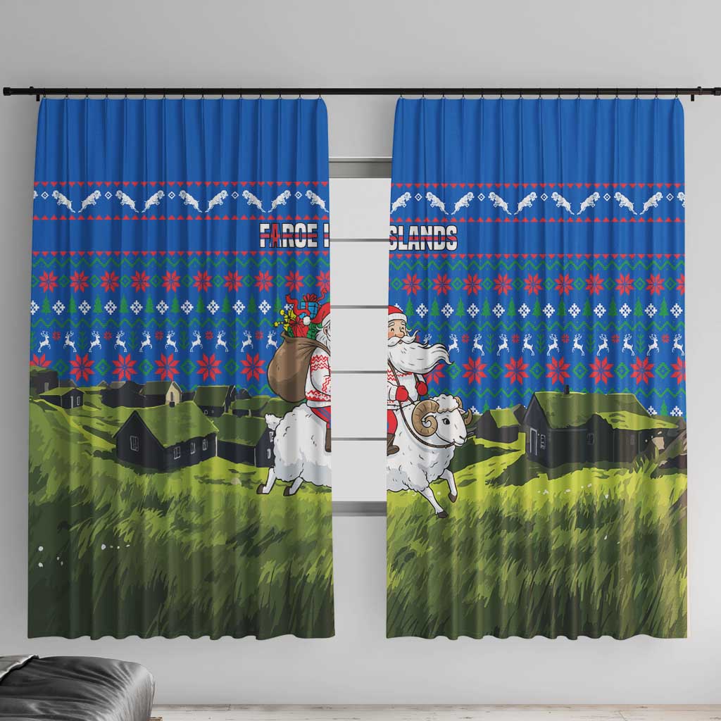 Faroe Islands Christmas Window Curtain with Santa Riding Sheep Grass Roof Houses and Blue Nordic Pattern Design - Wonder Print Shop