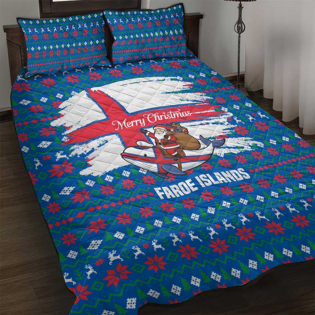 Faroe Islands Christmas Quilt Bed Set with Santa Riding Whale Faroe Flag and Blue Nordic Winter Pattern Design - Wonder Print Shop