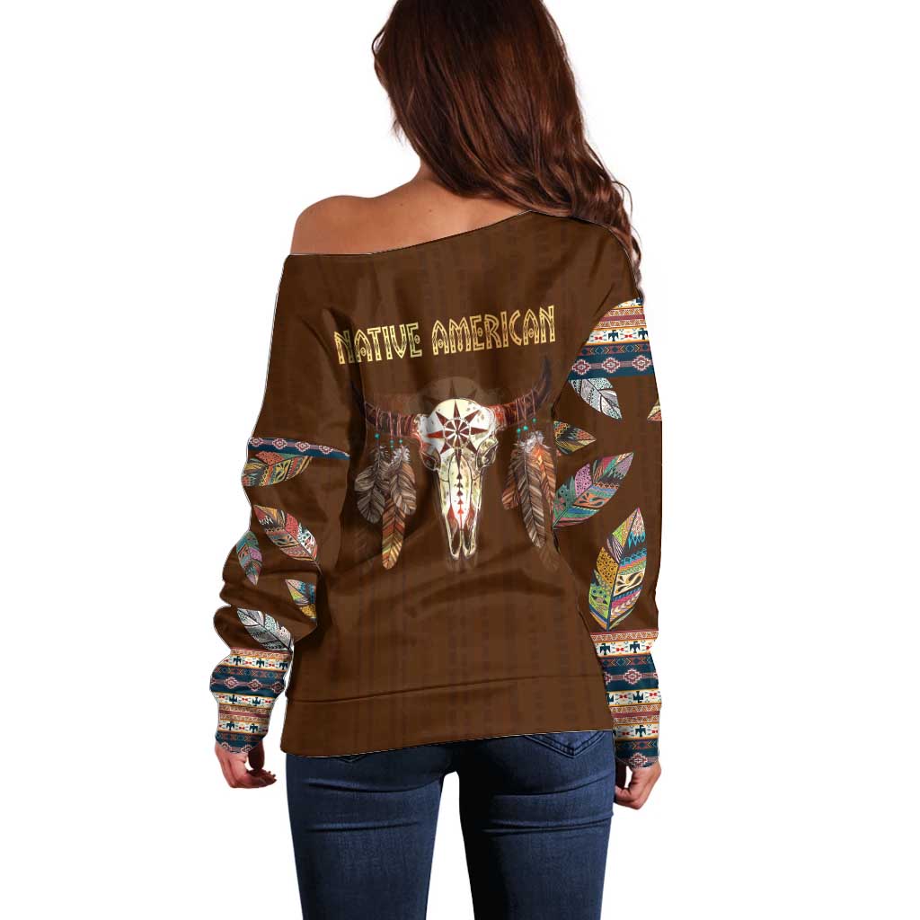 Native Skull Christmas Design Off Shoulder Sweater Xmas Holiday Patterns - Wonder Print Shop