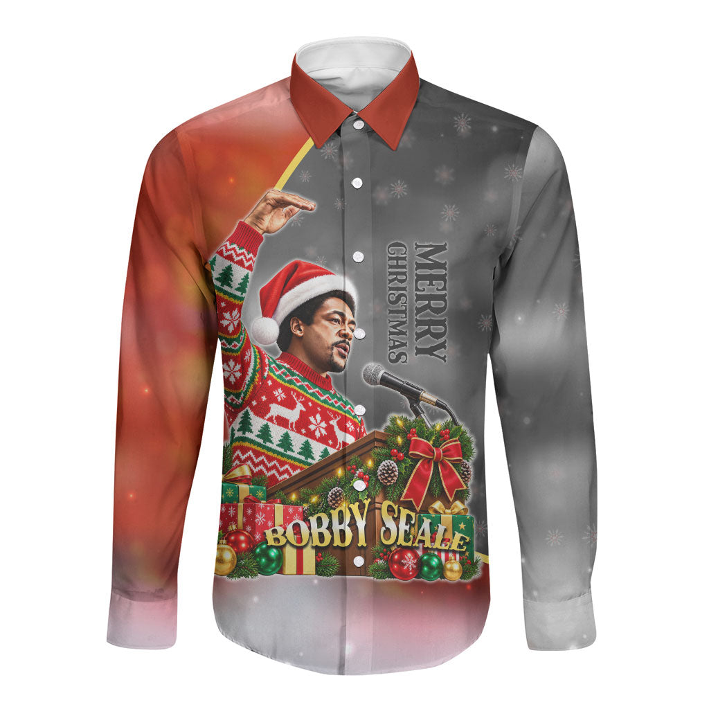 Bobby Seale Merry Christmas Long Sleeve Button Shirt Civil Rights Activist Festive Winter Holiday Art