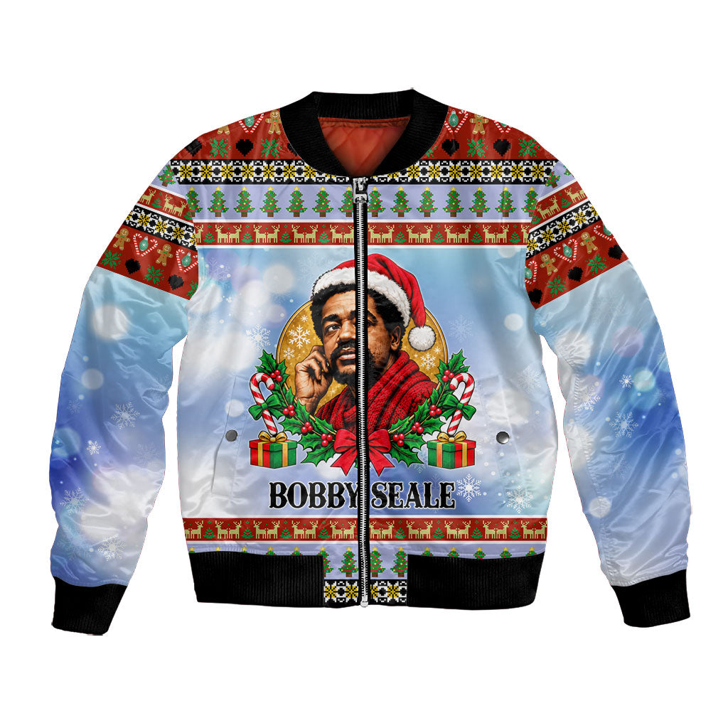 Bobby Seale Christmas Bomber Jacket Retro Ugly Christmas Pattern Festive Activist Portrait