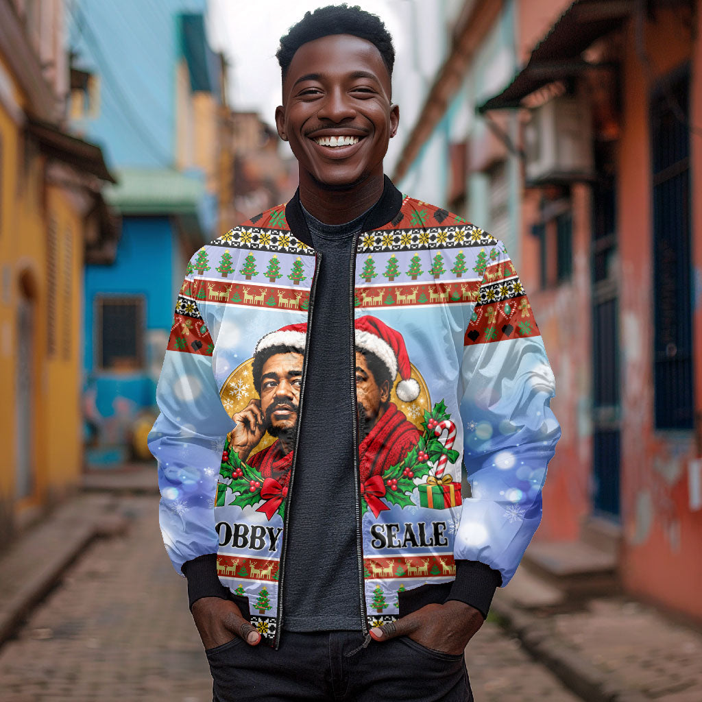 Bobby Seale Christmas Bomber Jacket Retro Ugly Christmas Pattern Festive Activist Portrait