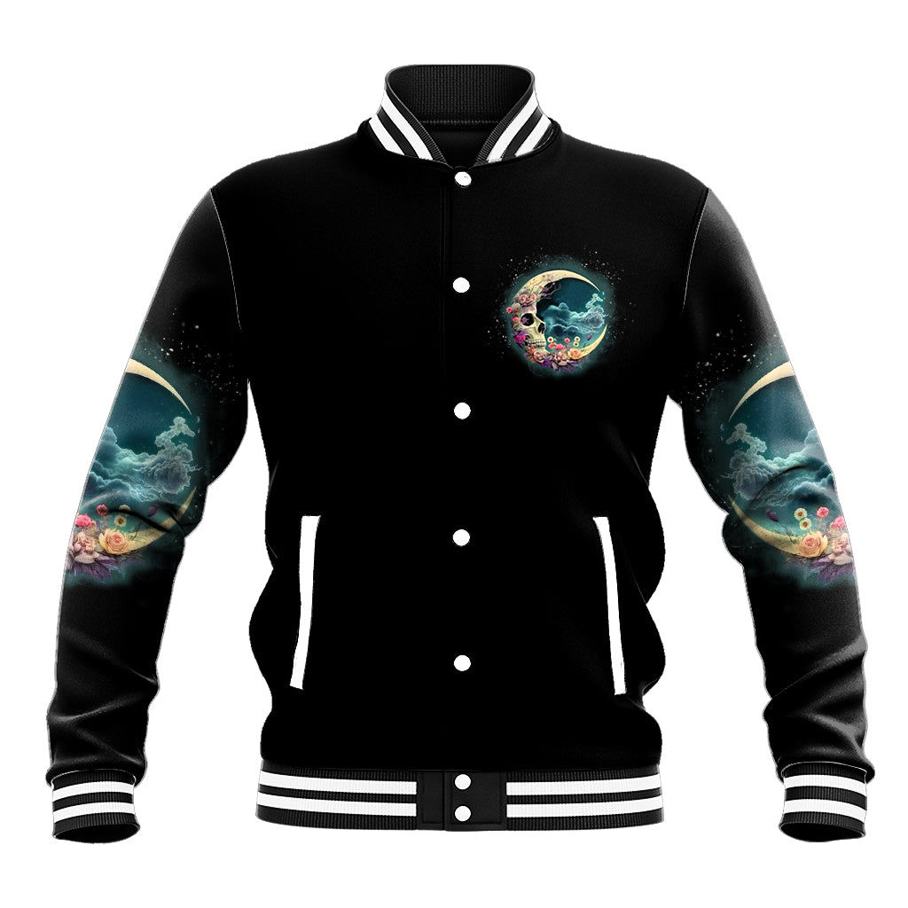 Black varsity baseball jacket with button front, crescent-moon skull chest graphic and sleeve art