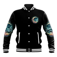 Black varsity baseball jacket with button front, crescent-moon skull chest graphic and sleeve art