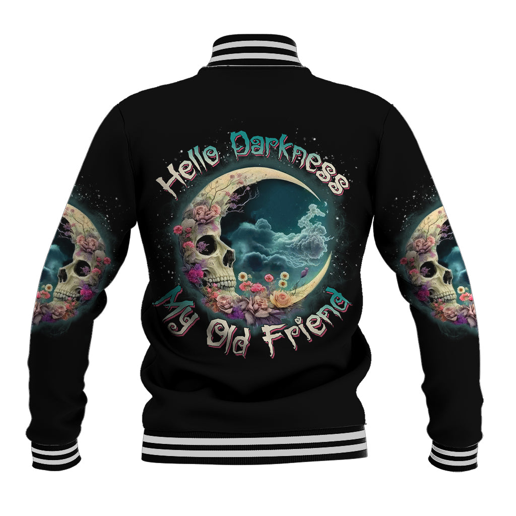 Black baseball jacket with crescent-moon skull graphic on back, striped ribbed trim