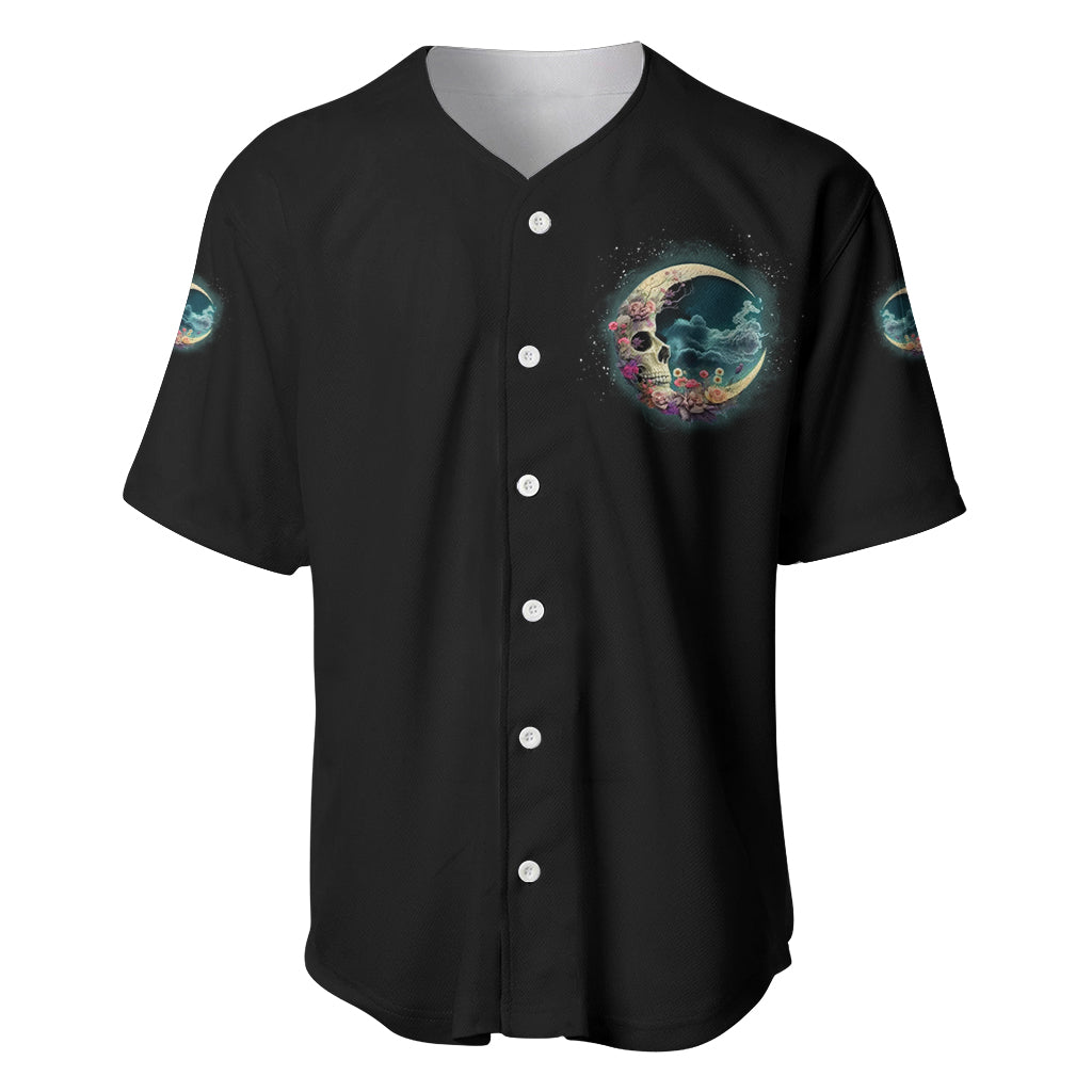 Black baseball jersey with multicolor crescent moon skull chest graphic and white buttons