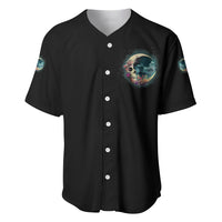 Black baseball jersey with multicolor crescent moon skull chest graphic and white buttons