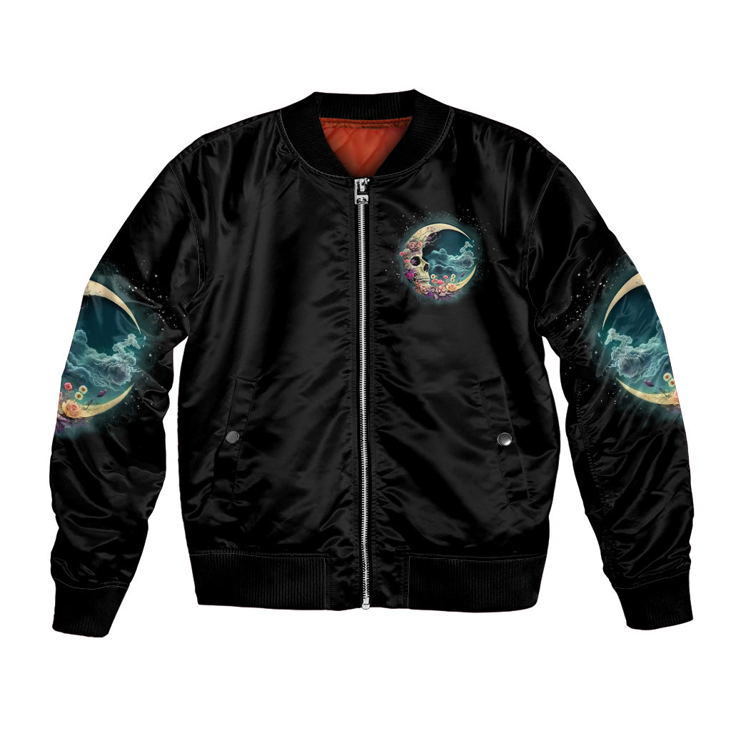 Black satin bomber jacket with front zip and crescent moon skull patch graphic