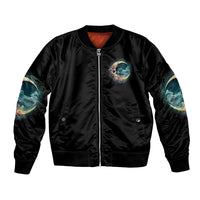 Black satin bomber jacket with front zip and crescent moon skull patch graphic