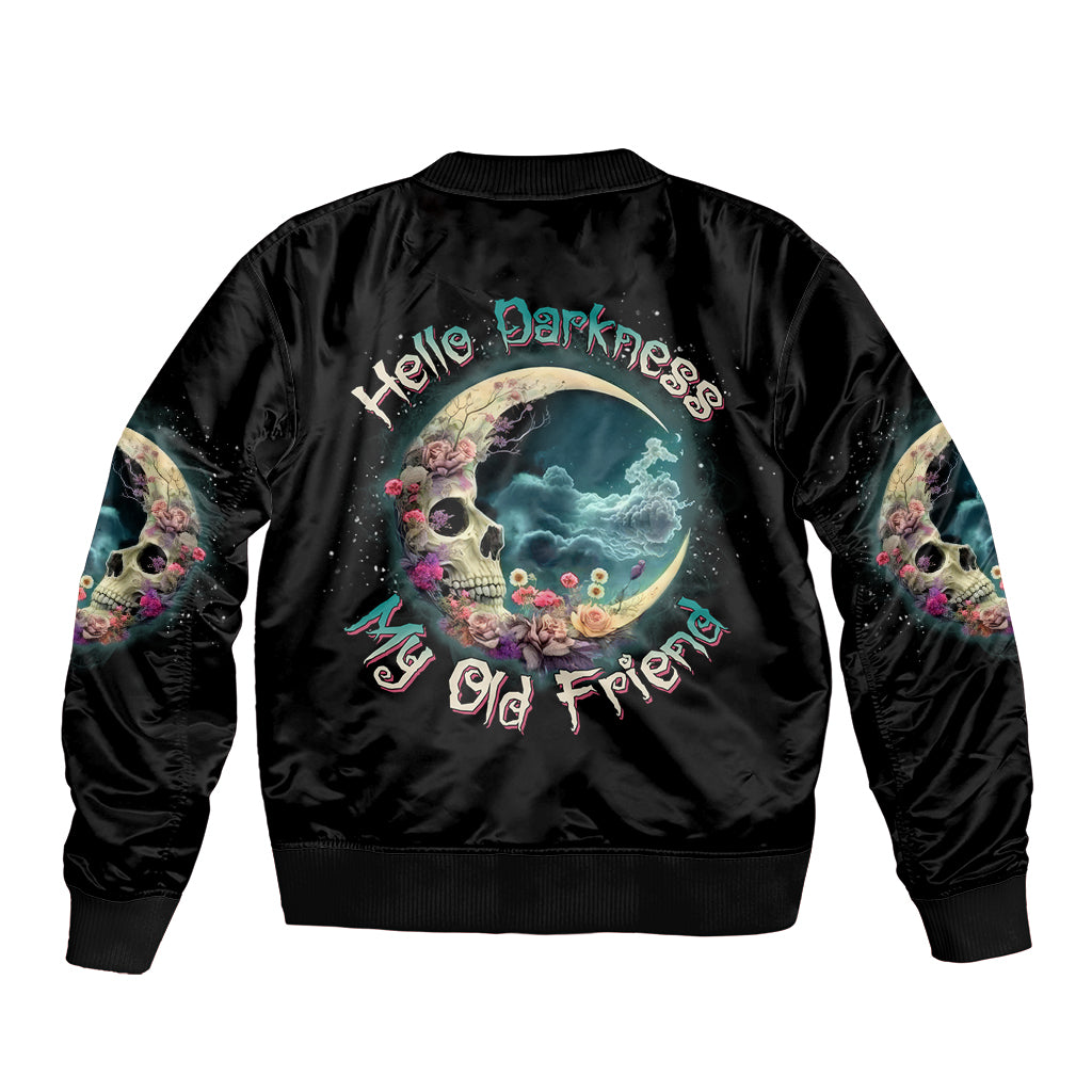Black satin bomber jacket with crescent moon skull and colorful back graphic