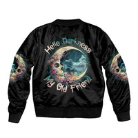 Black satin bomber jacket with crescent moon skull and colorful back graphic