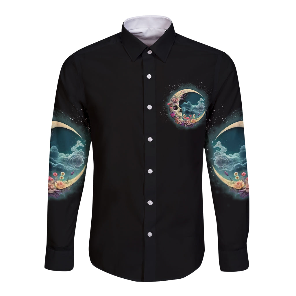 Black long-sleeve button shirt with front moon-and-skull print and teal sleeve art