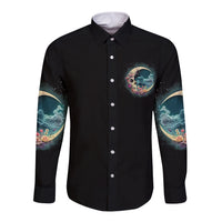 Black long-sleeve button shirt with front moon-and-skull print and teal sleeve art