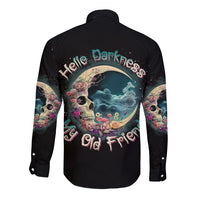 Black long-sleeve button shirt with back moon-and-skull graphic and colorful text