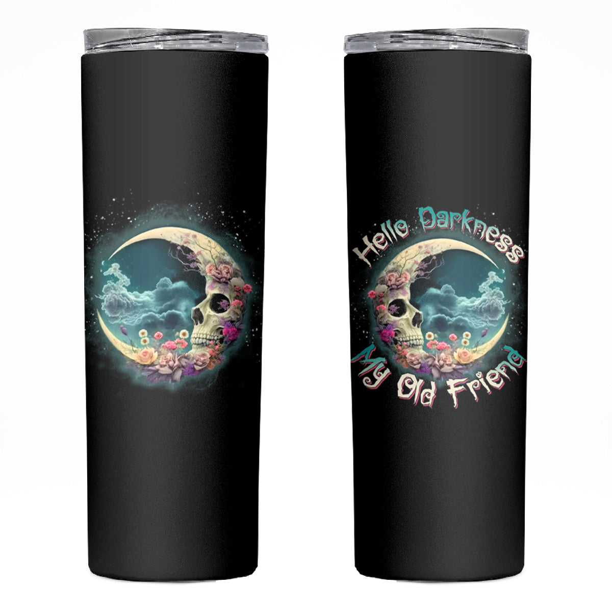 Hello Darkness My Old Friend Crescent Moon Skull Skinny Tumbler - Wonder Print Shop