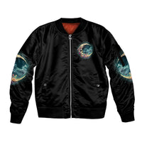 Black bomber jacket with front zip, small skull-moon patch, teal sleeve wave print
