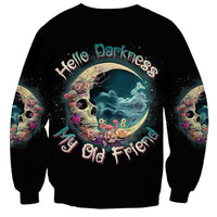 Unisex black crewneck sweatshirt with crescent moon skull and floral graphic