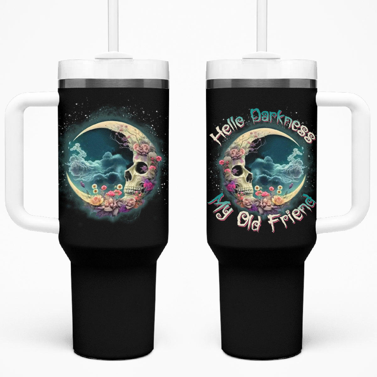 Hello Darkness My Old Friend Crescent Moon Skull Tumbler With Handle - Wonder Print Shop