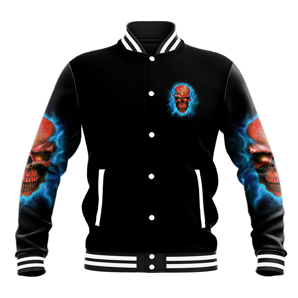 Black varsity jacket with skull chest emblem, button-front, blue lightning sleeve prints