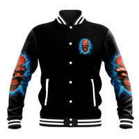 Black varsity jacket with skull chest emblem, button-front, blue lightning sleeve prints