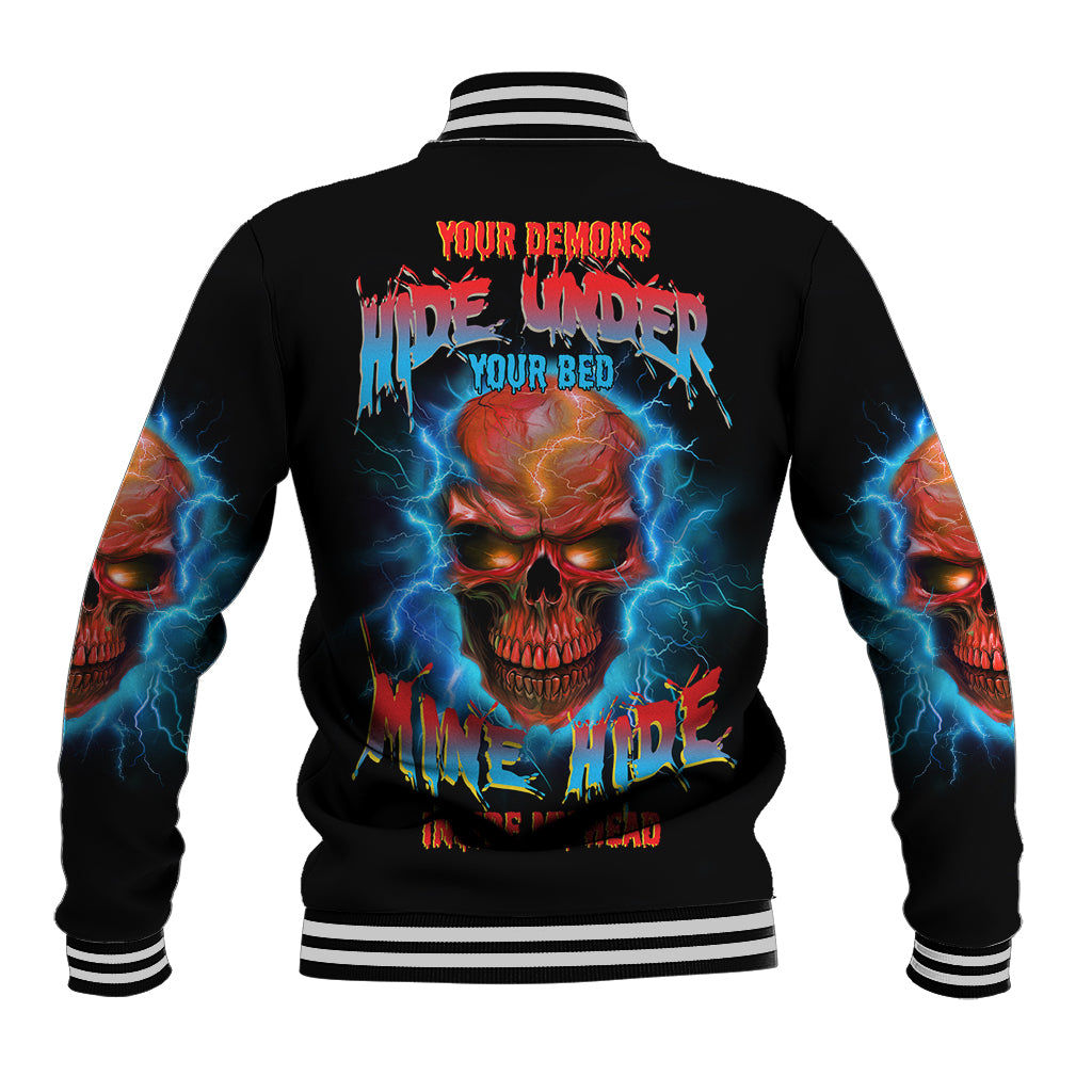 Black baseball jacket with thunder skull back graphic and striped ribbed collar cuffs