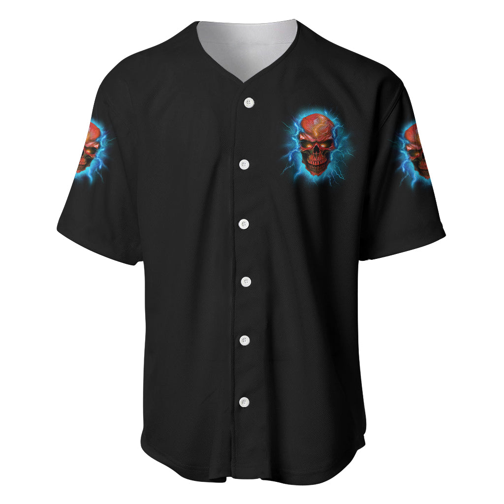 Black button-up baseball jersey with small blue skull chest graphic