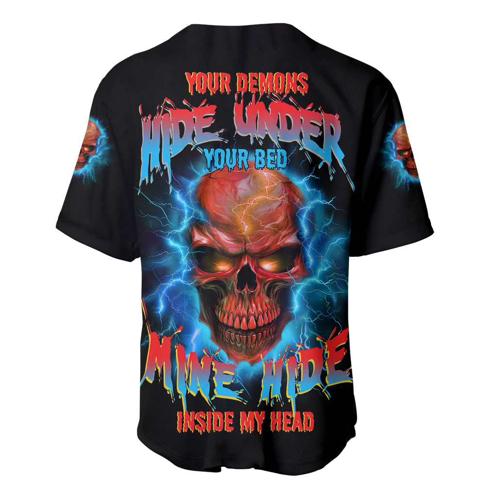 Black baseball jersey with large red-blue skull graphic and lightning effects