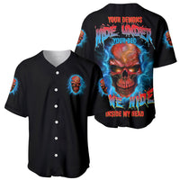 Black baseball jersey showing small front skull and large back skull artwork