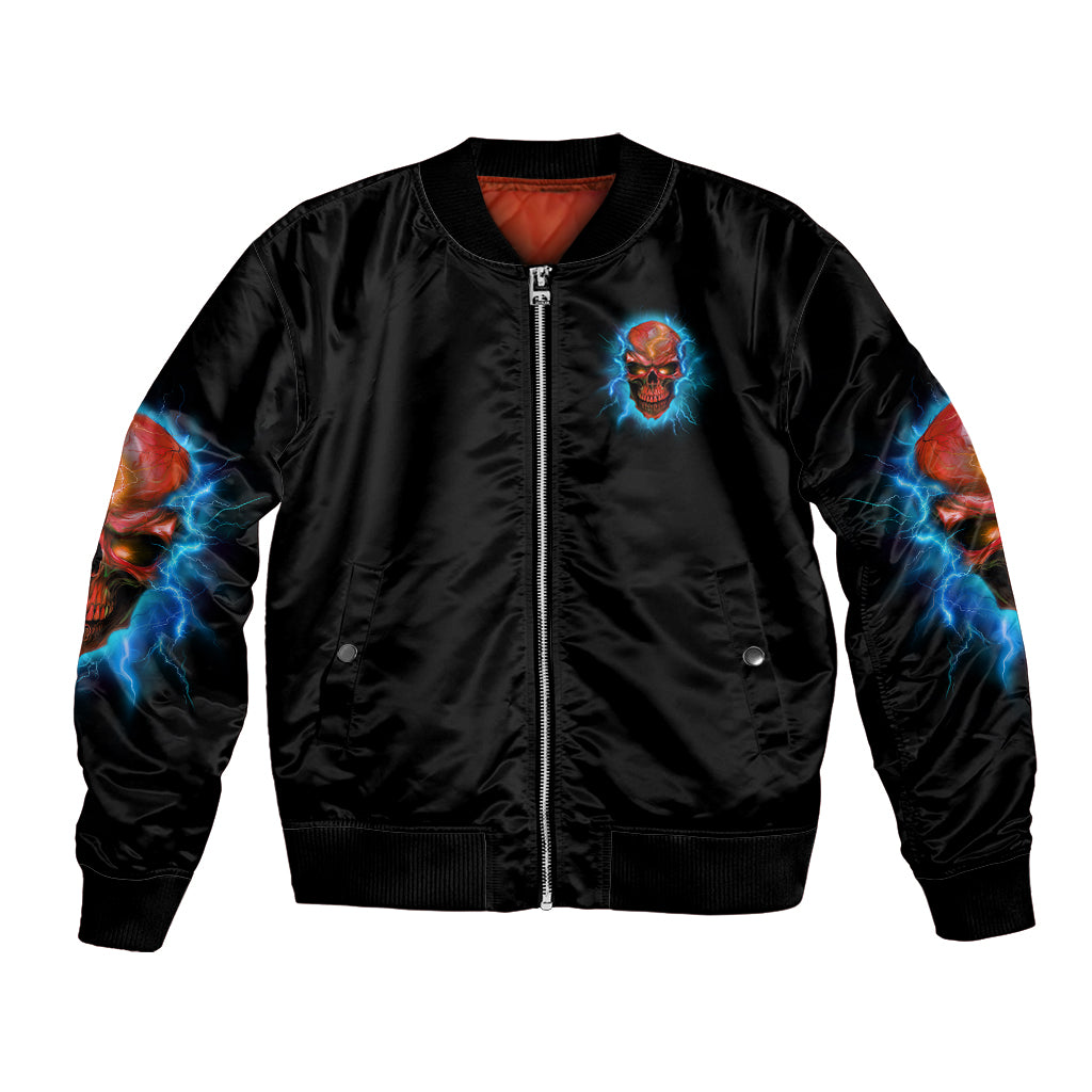 Black bomber jacket with front zipper, blue skull patch, multicolor lightning sleeves