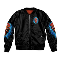 Black bomber jacket with front zipper, blue skull patch, multicolor lightning sleeves