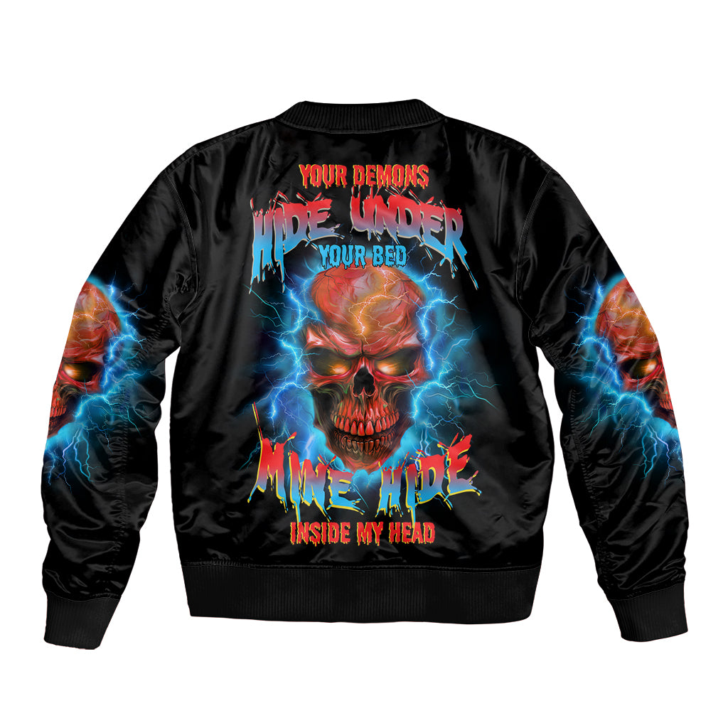 Black bomber jacket with neon thunder skull graphic on back, ribbed hem and cuffs