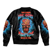 Black bomber jacket with neon thunder skull graphic on back, ribbed hem and cuffs