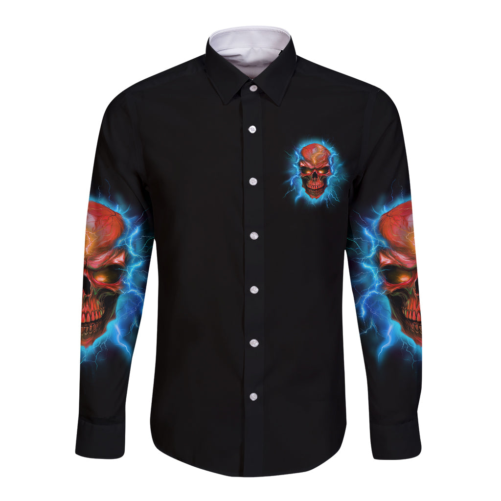 Black long sleeve button shirt with small chest skull graphic and blue lightning sleeve art
