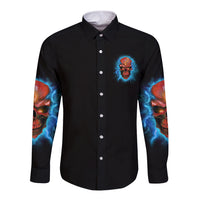 Black long sleeve button shirt with small chest skull graphic and blue lightning sleeve art