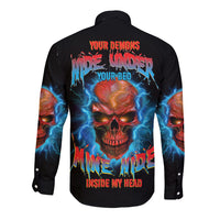 Black long sleeve button shirt with red skull, blue lightning, and back graphic text
