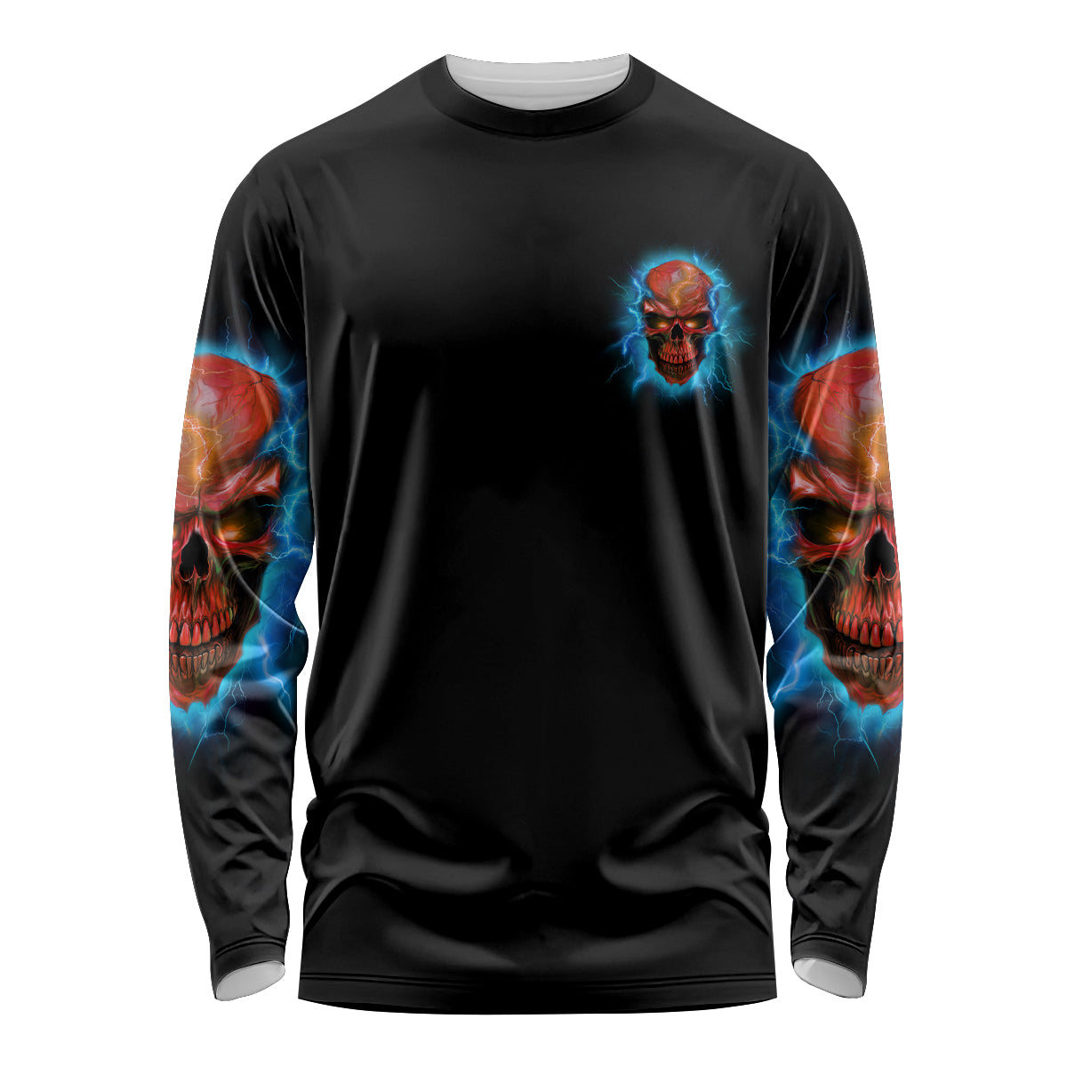 Black unisex long-sleeve shirt with small skull front print and colorful sleeve skulls