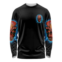 Black unisex long-sleeve shirt with small skull front print and colorful sleeve skulls