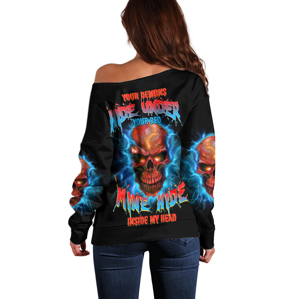 Your Demons Hide Under Your Bed Thunder Skull Off Shoulder Sweater - Wonder Print Shop