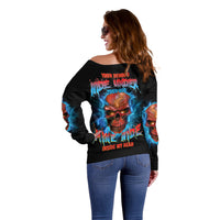 Women’s off-shoulder black sweater with multicolor thunder skull text graphic on back