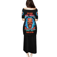 Black long dress with off-shoulder skull graphic on back, short sleeves