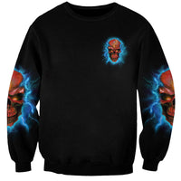 Black unisex crewneck sweatshirt with small blue skull logo and skull sleeves