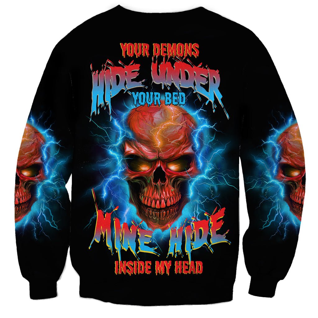 Black unisex crewneck sweatshirt with large blue skull graphic and red text on front