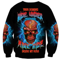 Black unisex crewneck sweatshirt with large blue skull graphic and red text on front
