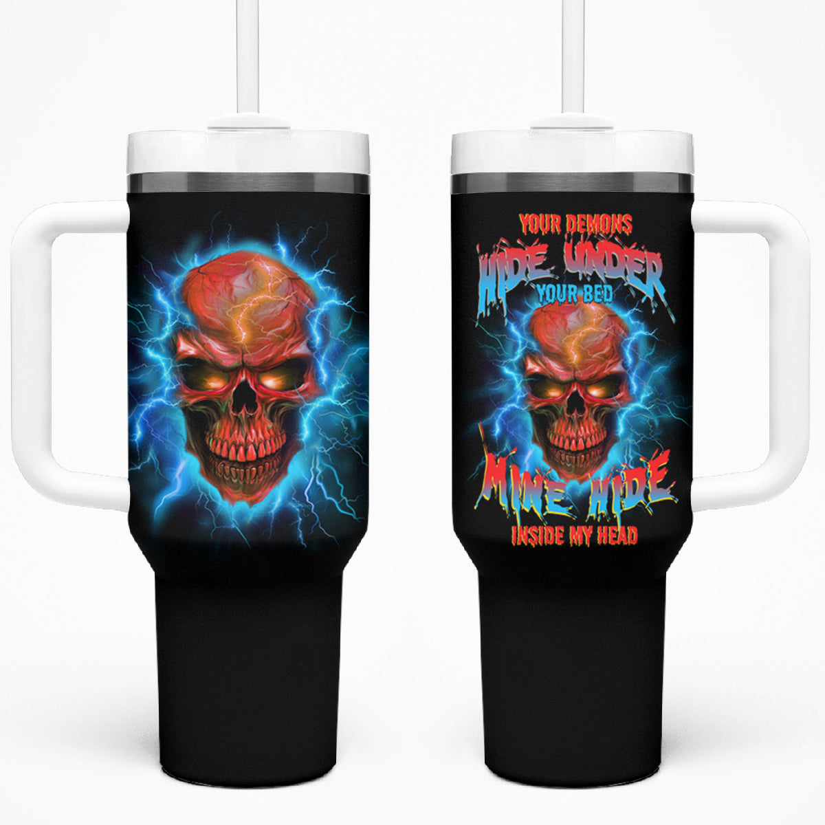 Your Demons Hide Under Your Bed Thunder Skull Tumbler With Handle - Wonder Print Shop