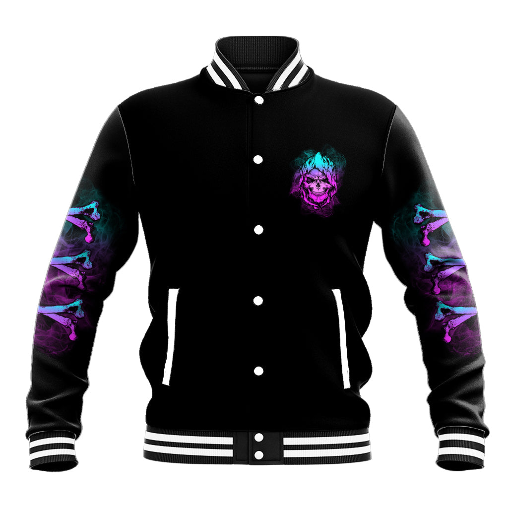 Black baseball jacket with front button placket, skull graphic, striped ribbed hem