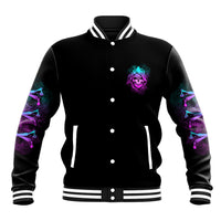 Black baseball jacket with front button placket, skull graphic, striped ribbed hem